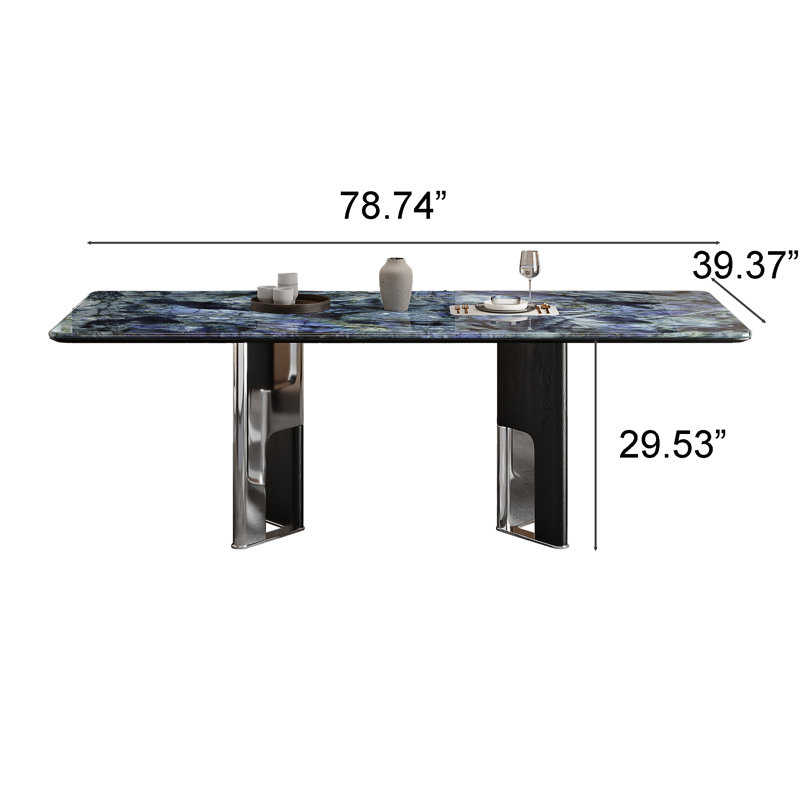 Table de salle à manger moderne 78,7 po, plateau en pierre frittée brillante, pieds doubles en acier inoxydable pour 8-10