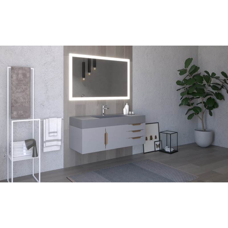 Meuble-lavabo mural simple 48 po avec comptoir à surface solide 48 po, gris, Gris, Doré