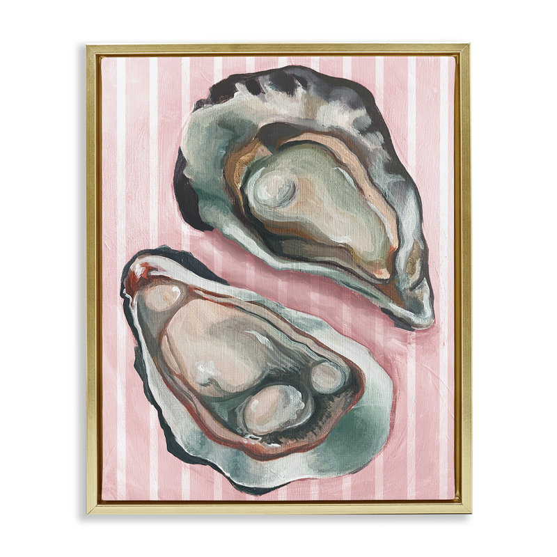  "Oysters on Pink Stripes" par Daphne Polselli, Cadre flottant métallique doré, H 21 po x l 17 po