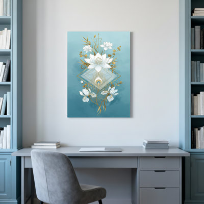 Tableau sur toile à motifs floraux et géométriques, orné de fleurs blanches et de touches dorées sur fond bleu, idéal pour décorer un salon, une chambre ou toute autre pièce de la maison.
