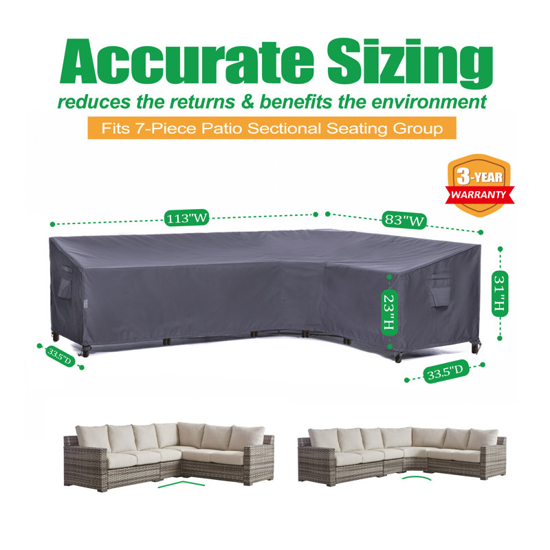 Premium Waterproof Outdoor Patio V-Shaped Sectional Sofa Cover: Latest Rip-Stop Fabric, 3-Year Warranty - (113" Left + 83" Right) W x 33.5" D x 31" H