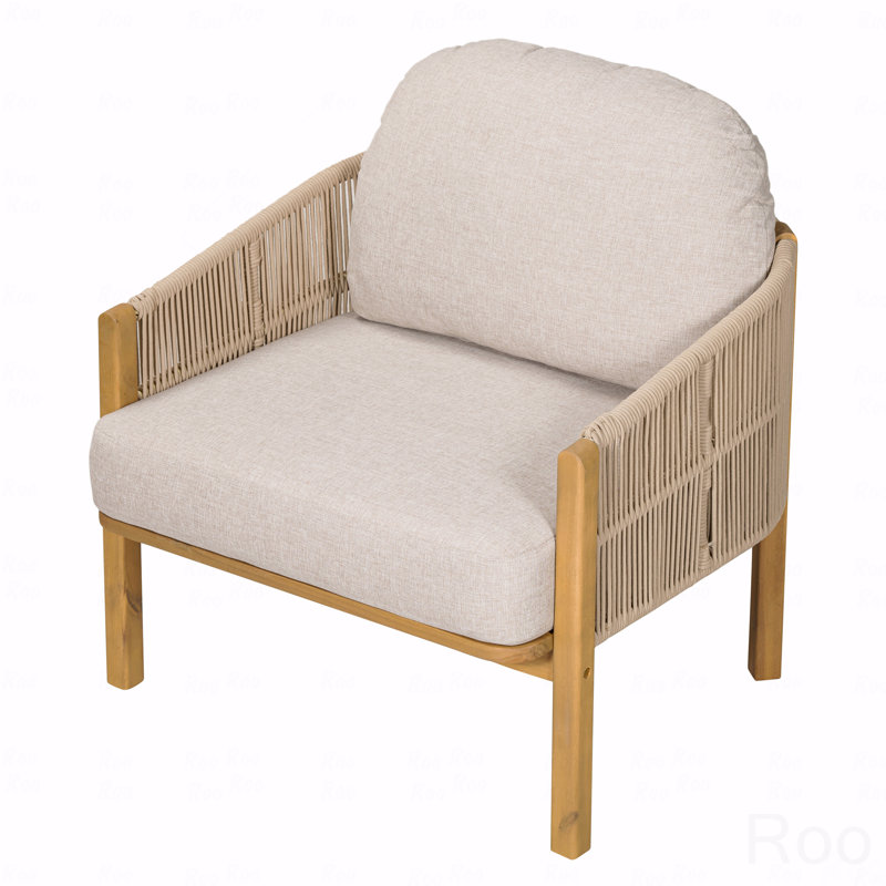 Outdoor Patio Club Chair, Wooden Rope With Beige Cushion, Beige, Teak