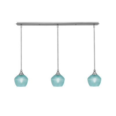 3 Light Stem Hung Linear Pendalier Shown With 6" Turquoise Textured