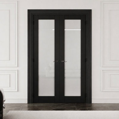 Porte-fenêtre intérieure française 1 vantail 48 po x 80 po, cadre noir, verre dépoli, charnières noires, loquet et serrure, vitrage d'intimité, âme pleine insonorisée et imperméable, idéale pour buanderie, placard, garde-manger, salle de bain, chambre.