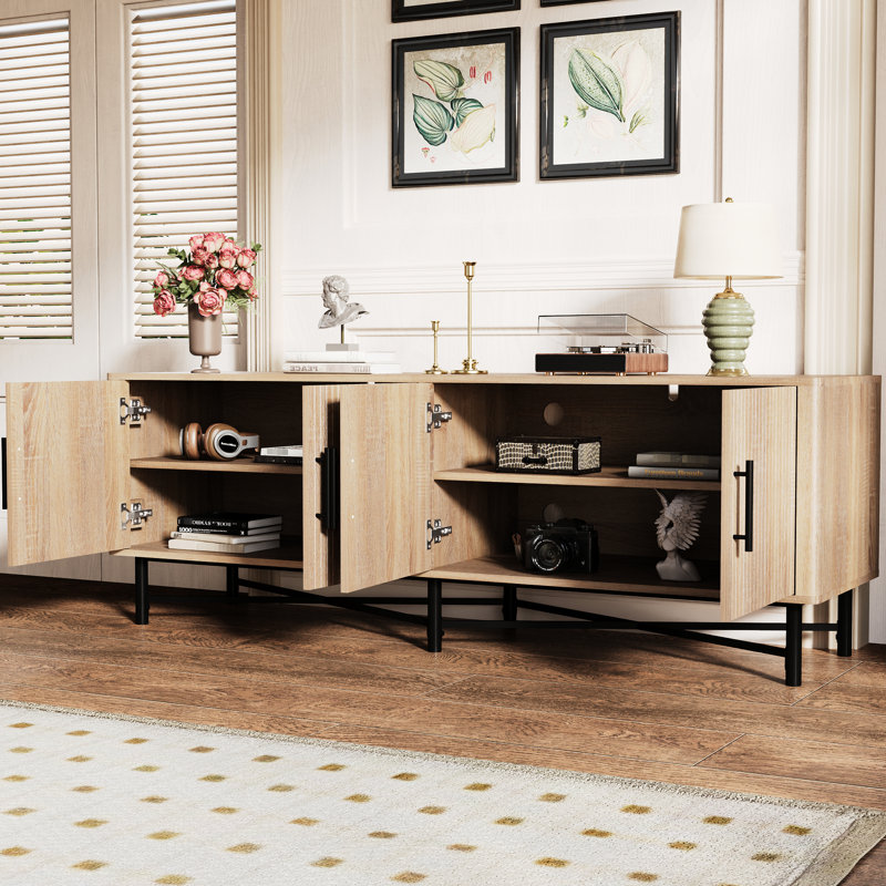 Versatile 4-Door Tv Cabinet With Adjustable Shelf Heights And Spacious Top, Natural Finish, 66"W * 18"D 23"H, Great For Living Room Practical Stand 2 Shelving Units Top Surface, Wood Grain, 66X18x23
