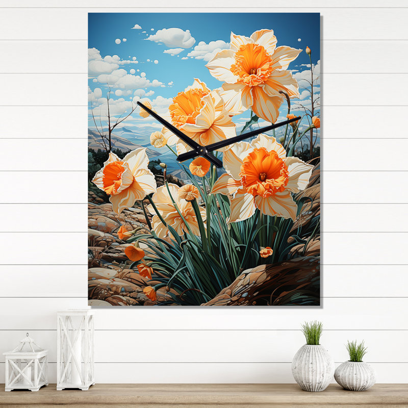 Daffodils Field Dance IV - Floral Very Large Wall Clocks, 32" H x 16" W x 1" D