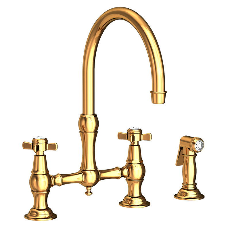 Fairfield Kitchen Bridge Faucet with Side Spray, Polished Gold