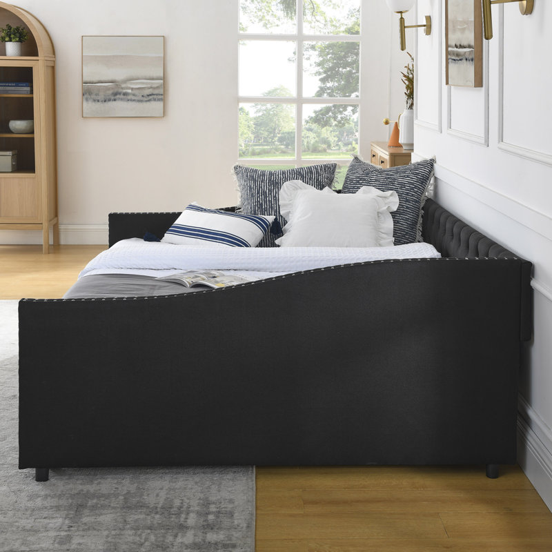 Daybed With Drawers Upholstered Tufted Sofa Bed,,With Button On Back And Copper Nail On Waved Shape Arms, Black
