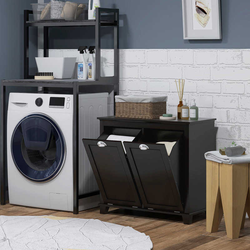 Bathroom Floor Cabinet With Tilt Out Hamper, Dual Compartment. Modern Washroom Storage, Black. Large Towel Holder. Separate Storage For & Dark. Made, Water-. Toppling Design. Wall-Fixable. 30" W X