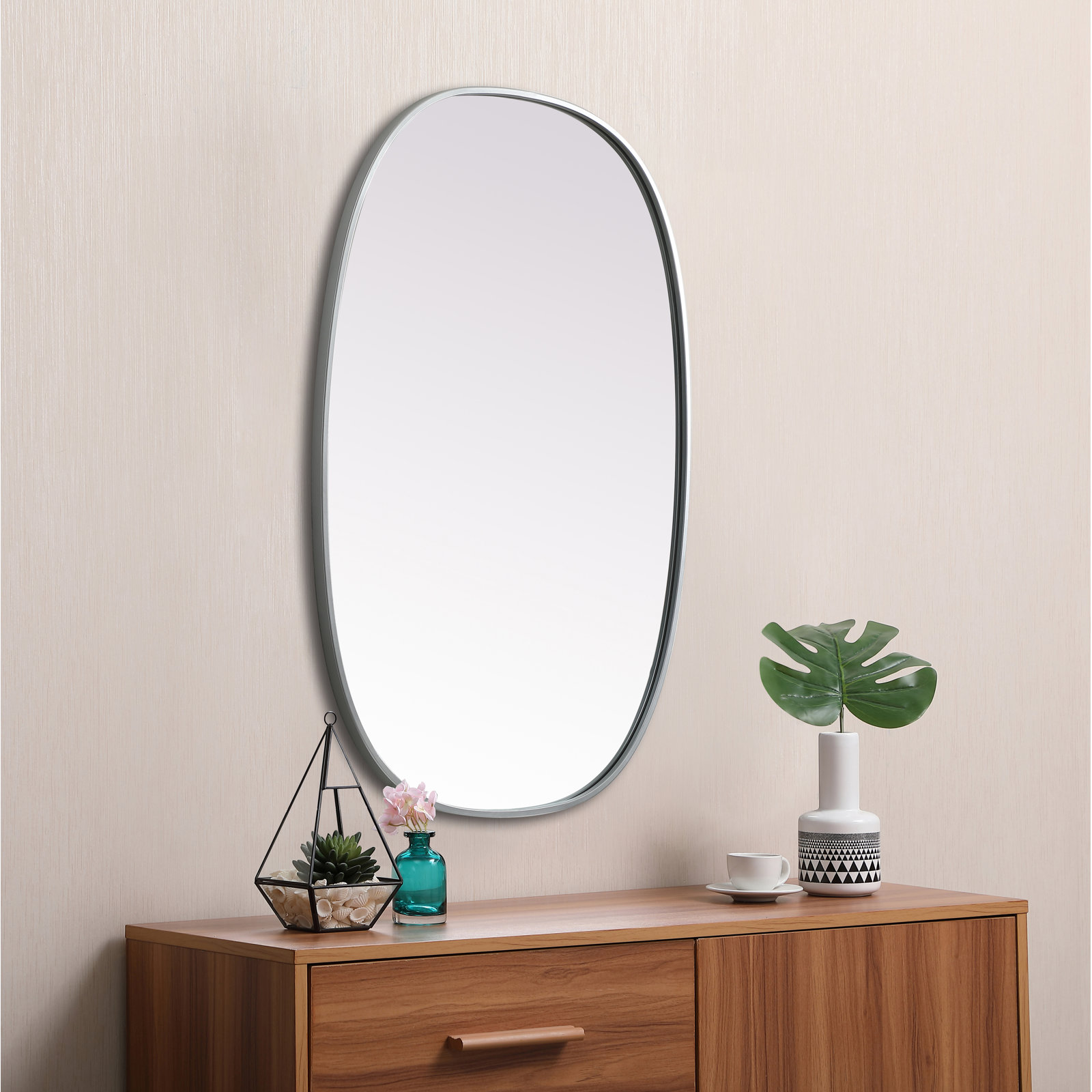 Sabine Metal Curved Oval Wall Mirror, Silver, 40" x 27"