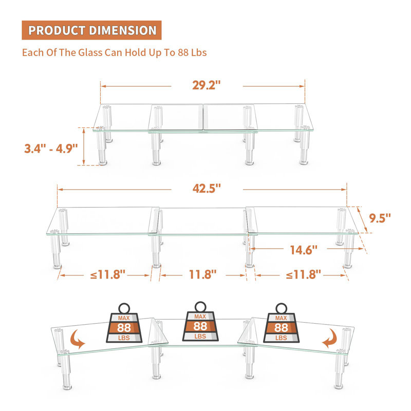 Dual Monitor Stand -Adjustable Length And Angle Dual Monitor Riser, Desktop Organizer