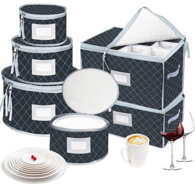 Ensemble de 6 récipients de rangement pour vaisselle - Boîtes de rangement pour vaisselle, tasses et verres à pied - Boîtes matelassées empilables avec séparateur, ensemble de 6