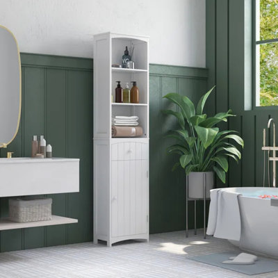 White 67" Freestanding Tall Slim Bathroom Linen Storage Tower with 3-Tier Shelves & Drawer