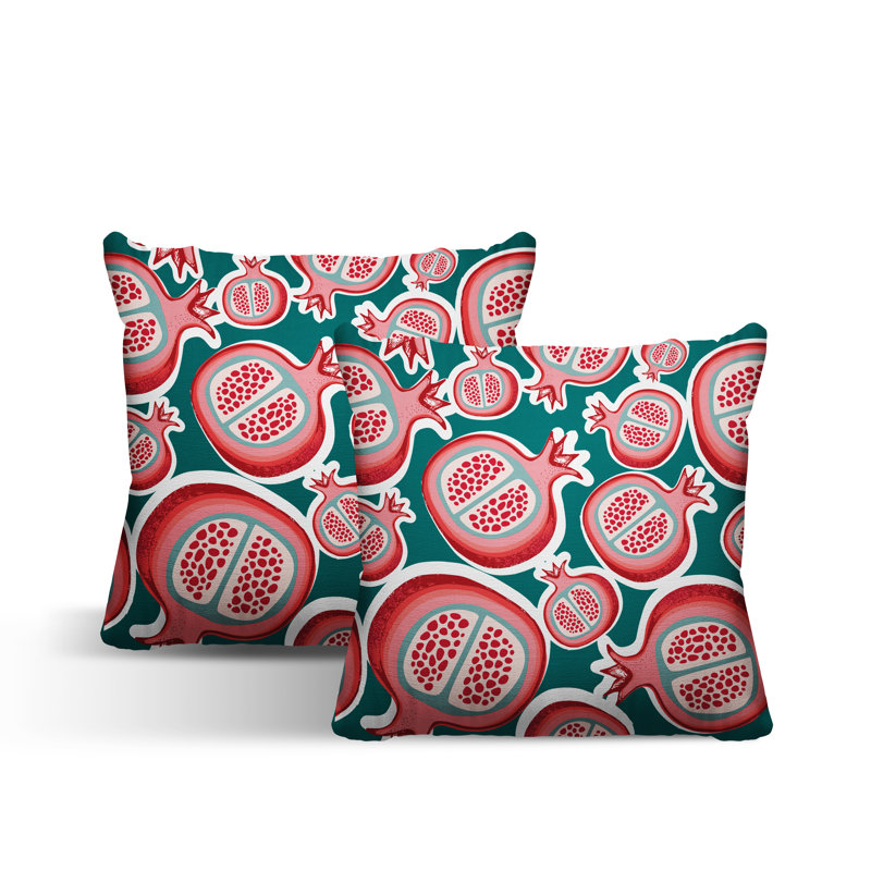 Oreiller carré intérieur / extérieur Pomme Pomegranate, L 17 po x H 17 po, Émeraude / Rouge