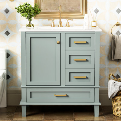 Meuble-lavabo de 30 po: rangement spacieux avec 3 tiroirs et 1 porte à fermeture en douceur, fabrication en bois massif, lavabo en céramique pour un entretien facile du meuble-lavabo moderne, tiroirs, fonction de fermeture, comptoir blanc,