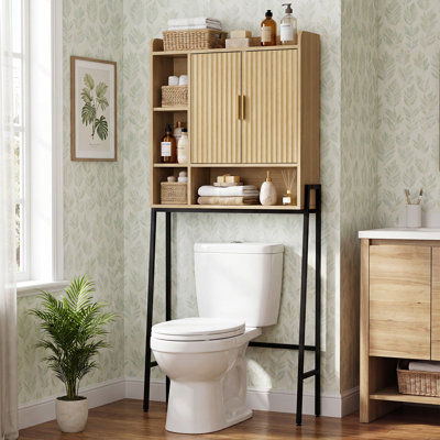 31" Over the Toilet Storage Cabinet, Bathroom Organizer with Adjustable Shelf, Space-Saving Bathroom Storage with Fluted Doors, Freestanding Over Toilet Cabinet, Natural Oak