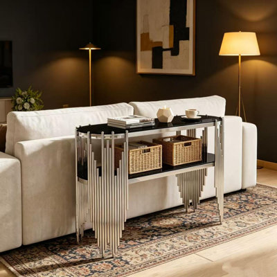 Console de luxe avec tablettes en verre trempé à 2 niveaux, table d'entrée ovale moderne pour le couloir et le salon, structure en acier inoxydable poli
