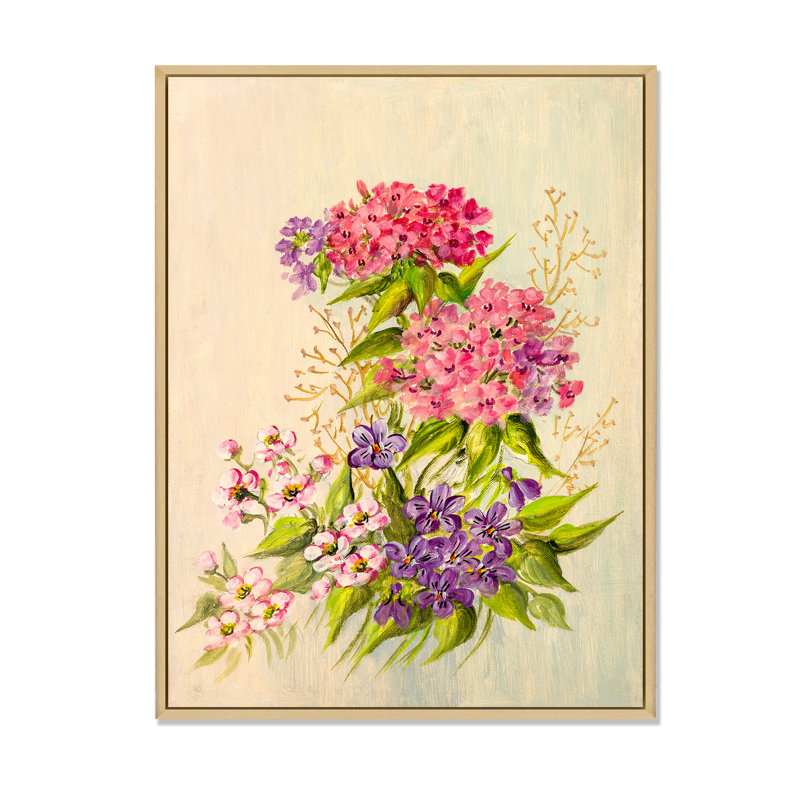Nature morte de fleurs roses et mauves - peinture sur toile, H 40 po x l 30 po x P 1,5 po