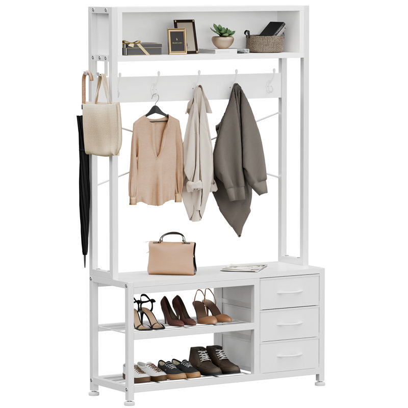 White Industrial Hall Tree with Bench, Hooks, and Storage Drawers