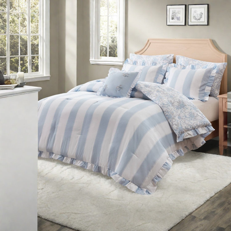 Ensembles de literie à volants bleus, édredon en microfibre pour grand lit double