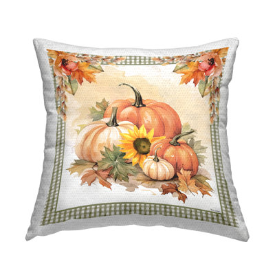Autumn Pumpkins Floral Border Outdoor Printed Pillow by Nicole DeCamp