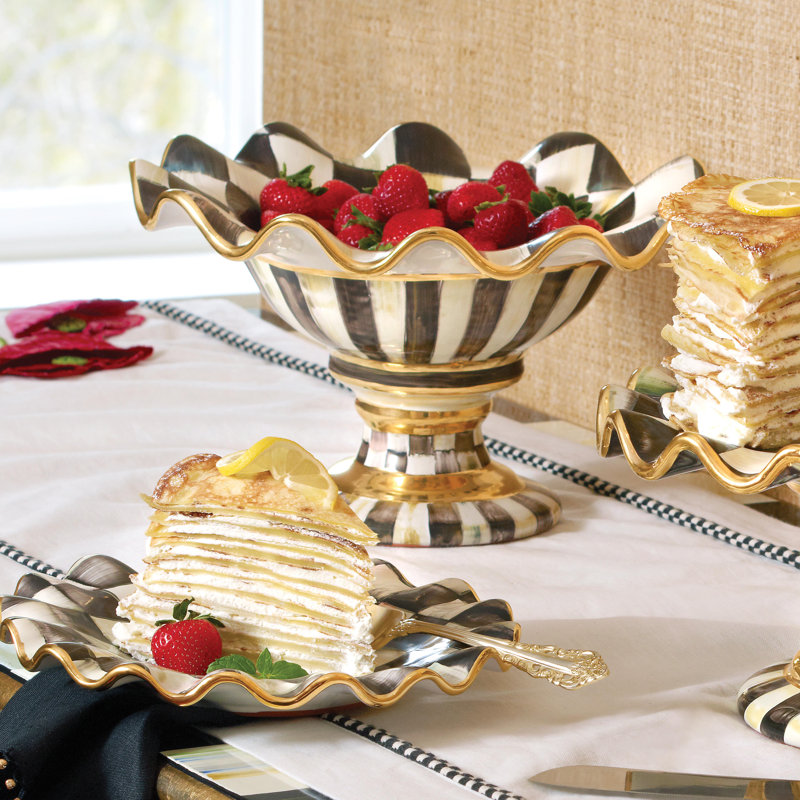 Handcrafted Ivory and Onyx Ceramic Round Compote Platter