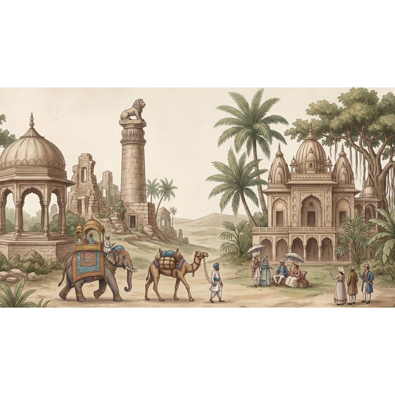 Éléphant indien avec papier peint indien, 100 po x 96 po, Peler et coller