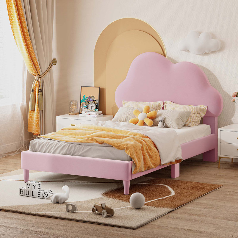 Upholstered Cloud-Shape Bed ,Velvet Platform Bed, Twin, Pink
