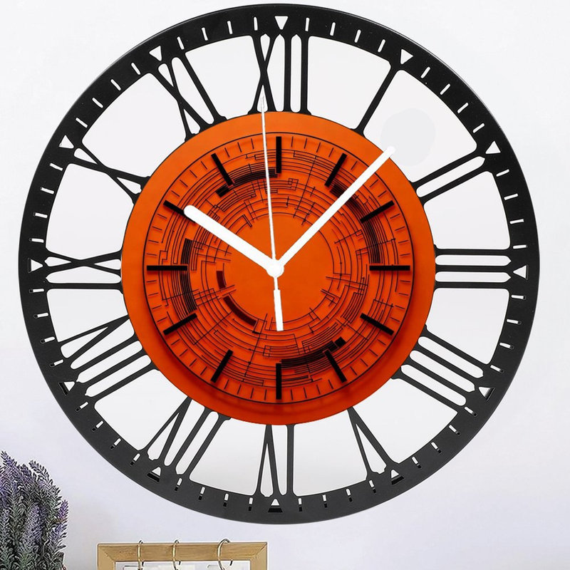 Horloge murale ronde en fer 10 po avec mouvement à quartz silencieux, chiffres romains, impression UV, Orange