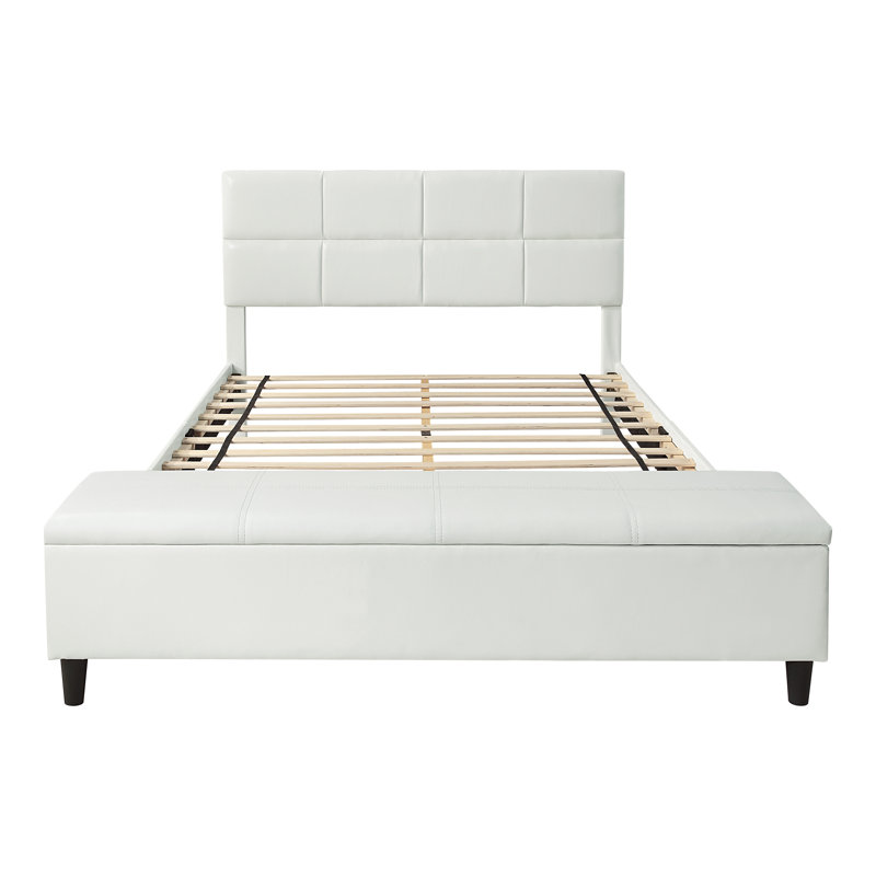  Lit plateforme capitonné avec rangement à profil bas, Double, Blanc