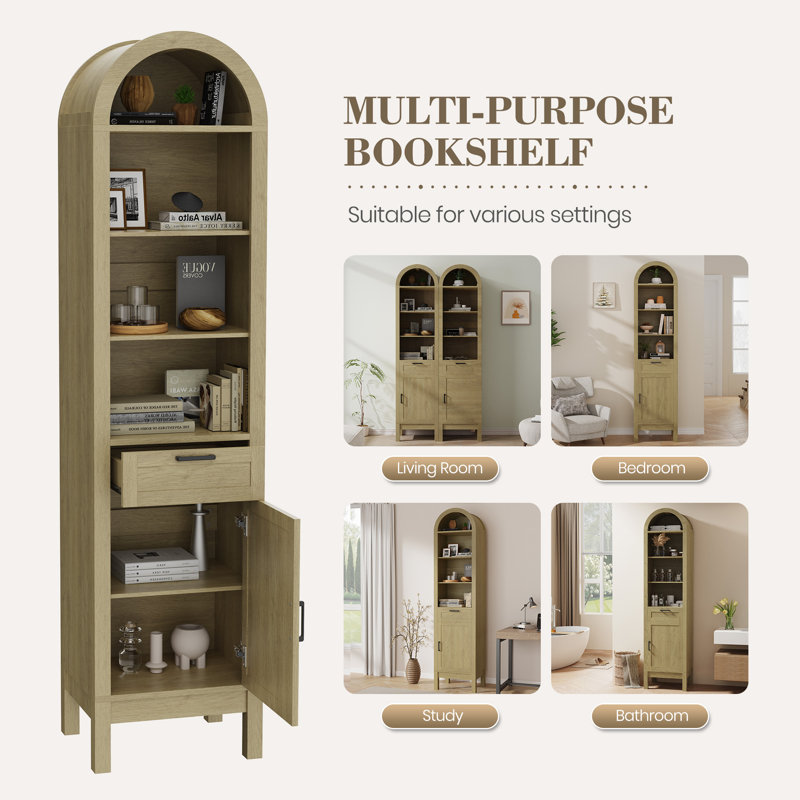 70" Arched Bookcase With Drawer And Cabinet, 6-tier Tall Bookshelf With Adjustable Shelf And Open Display Storage, Modern Wood Bookcase For Living Room Or Office (natural)