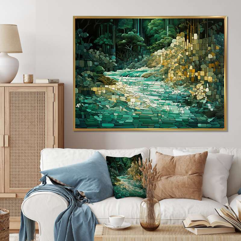 Abstrait forêt émeraude sauvage, rivière I, 30" H x 40" W, Cadre flottant doré