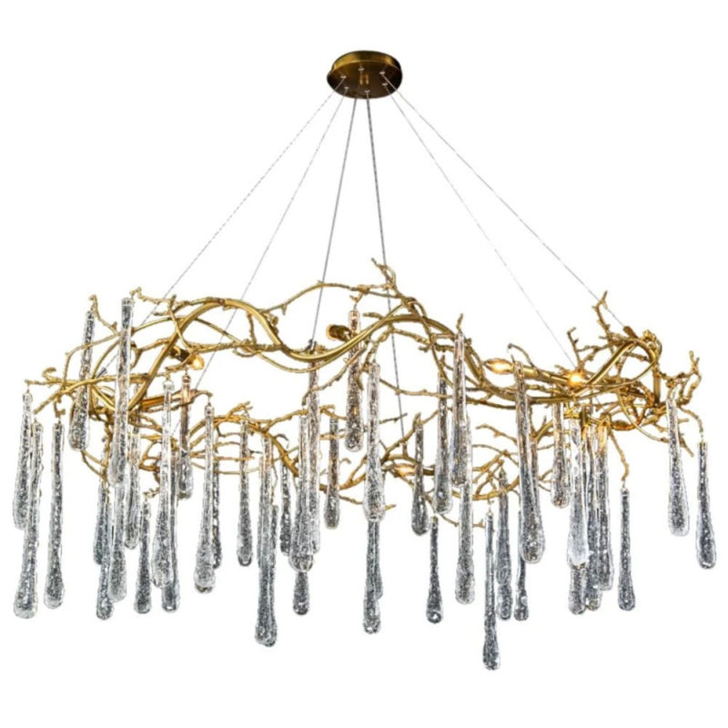 Lustre en forme de goutte de lumière en verre Irène, Or brossé, Givré, 60” Diameter x 71" Height