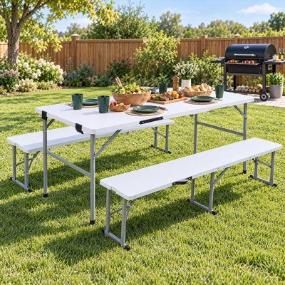 Ensemble de patio pliant compact de 70 pouces - Plateau de table et bancs en grain de bois pour les fêtes en plein air