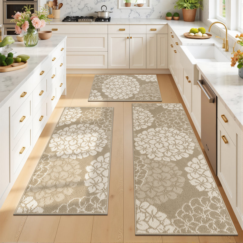 Hydrangea Stain-resistant Kitchen Mat (Set of 3), Beige