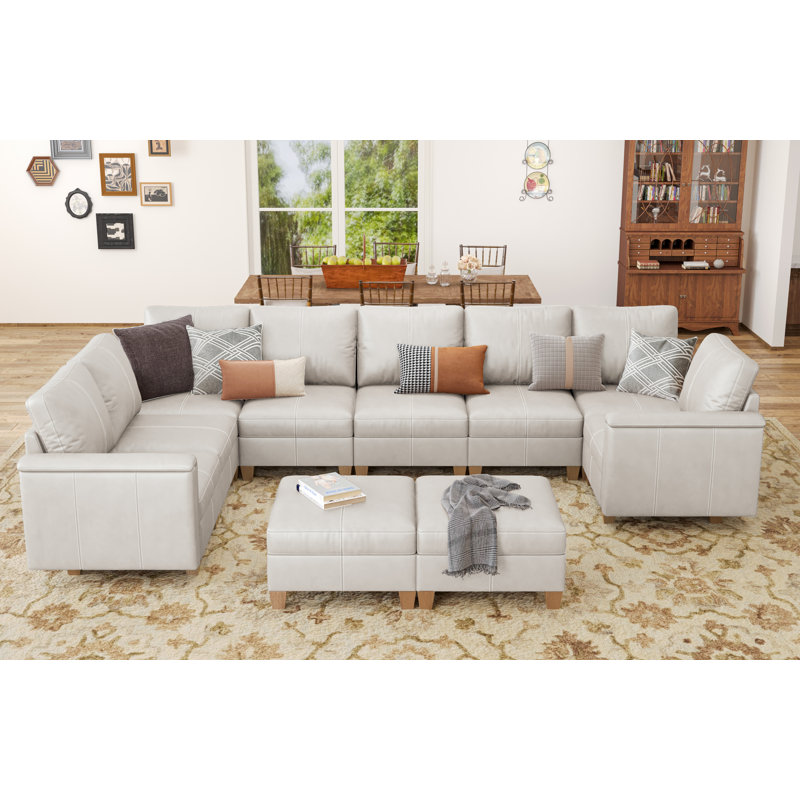 Oversized Faux Leather Sectional Couches for Living Room, Modular Convertible 10-Seat U-Shaped Sofa with Storage & Ottoman, 145 inch Width