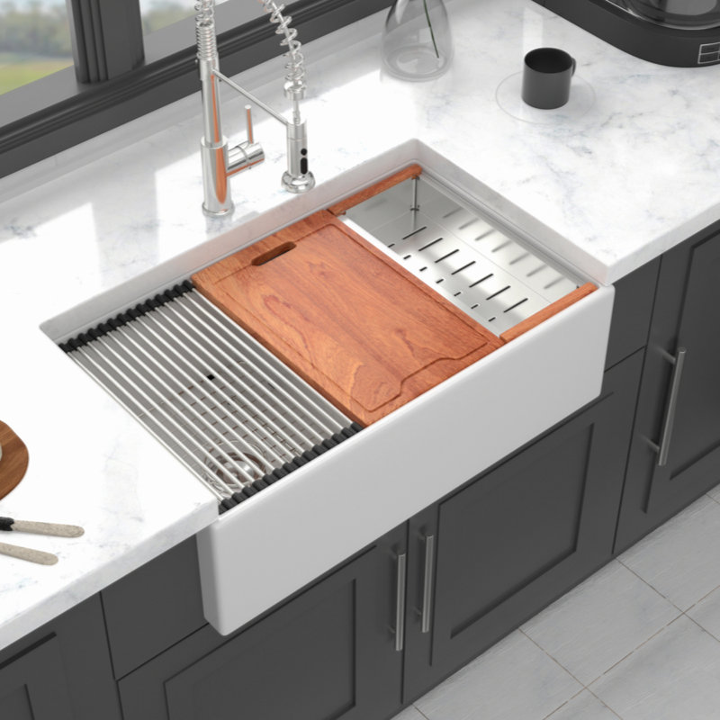 Farmhouse Sink Workstation - Évier de cuisine à double cuve en céramique 33 pouces