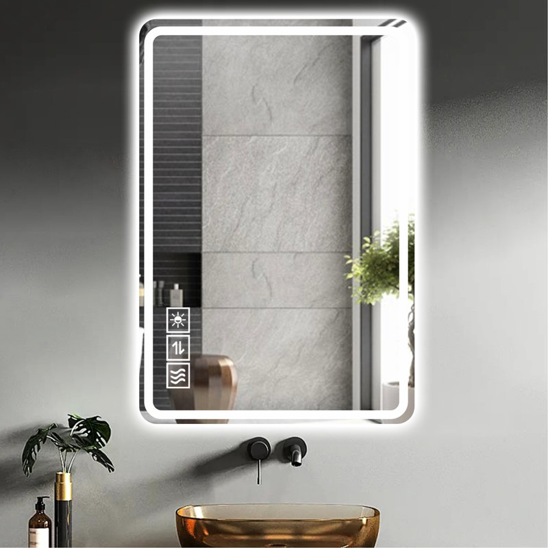 Miroir de salle de bain à DEL 40 x 24 po Brouillard. Fixé au mur. Cuivre 5 mm - miroir argent. Gradation en 3 couleurs. -Résistant. Perception claire. Corrosion. Position horizontale / verticale. Moderne sans cadre. Avec
