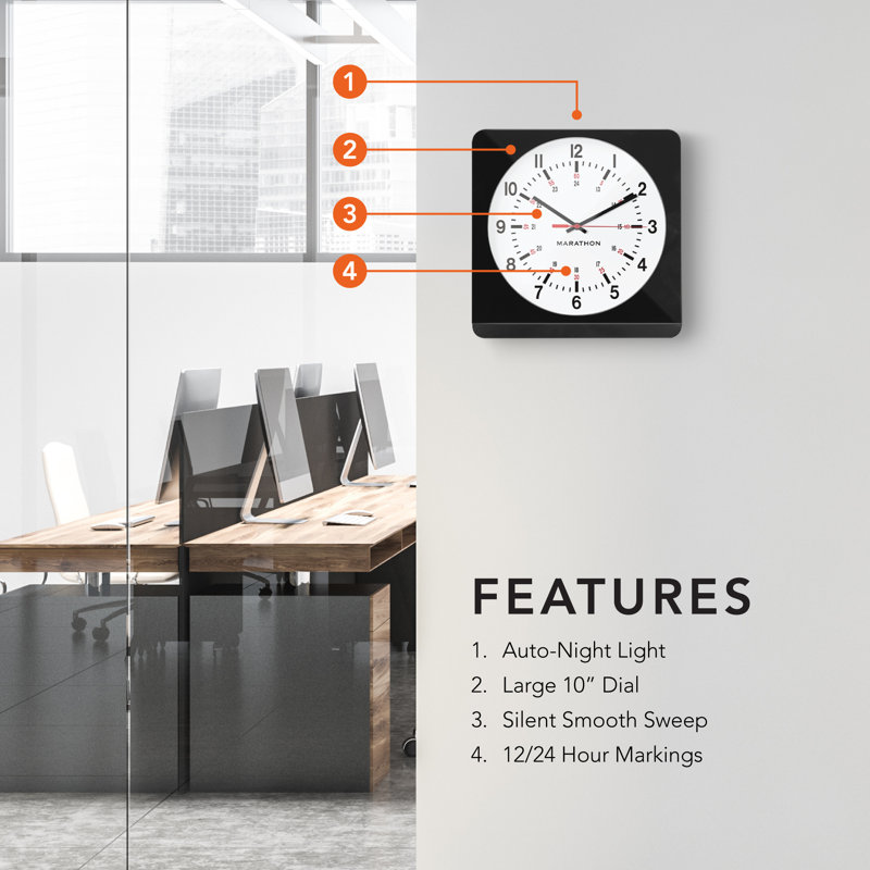 Marathon Black and White Analog Wall Clock with Auto Nightlight