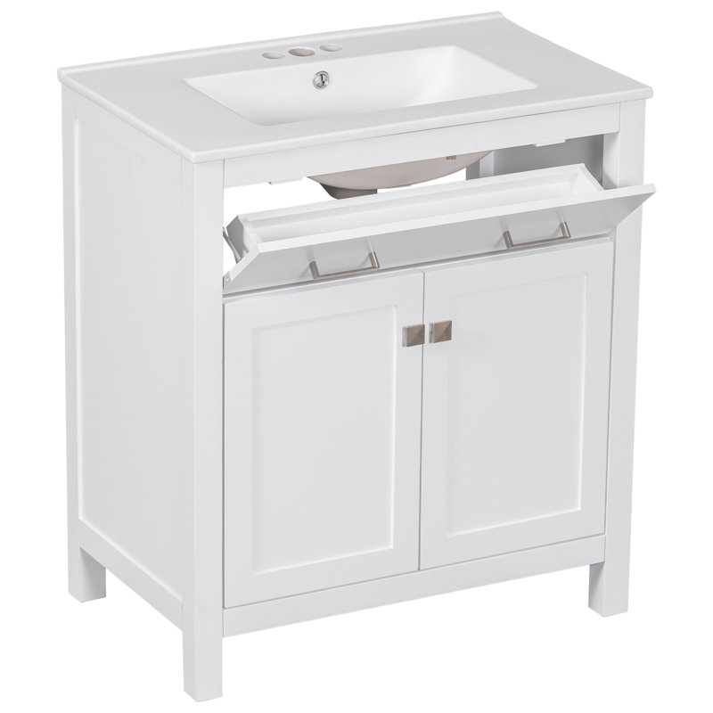 Meuble-lavabo moderne de 30 pouces avec lavabo en céramique, armoire blanche à 2 portes et tablette, porte à fermeture douce, lavabo robuste et structure robuste