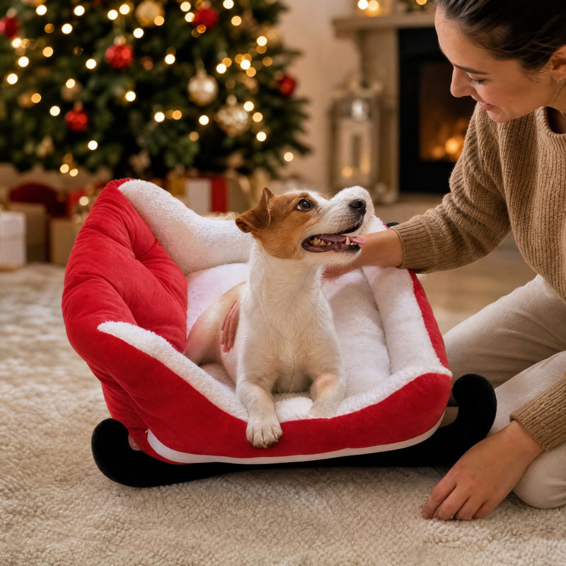 Lit traîneau pour chats et chiens sur le thème de Noël, avec base antidérapante, adapté à une utilisation intérieure et extérieure.