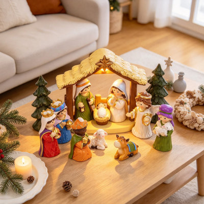 Illuminated 13-Piece Nativity Set - Christmas Scene with Warm Light