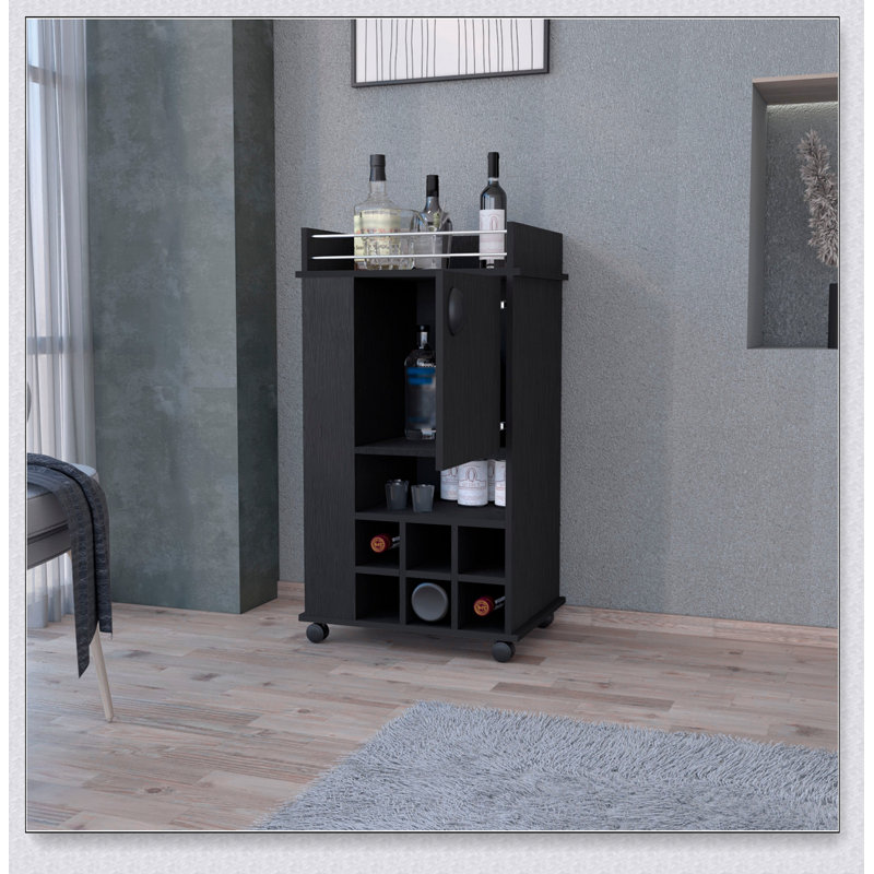 Allandale 1-Door Bar Cart with Wine Rack and Casters, Perfect for Entertaining and Organizing Bar Essentials, Black