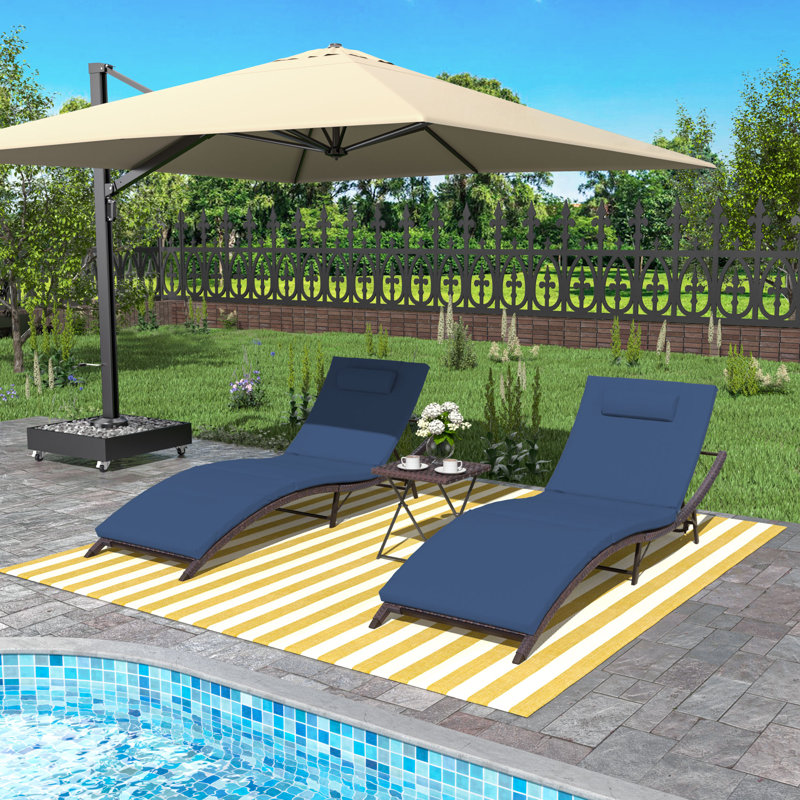 2-Piece Foldable "S"-Shaped Reclining Chaise Lounge Set With Adjustable Backrest And Foldable Rattan Coffee Table, Navy