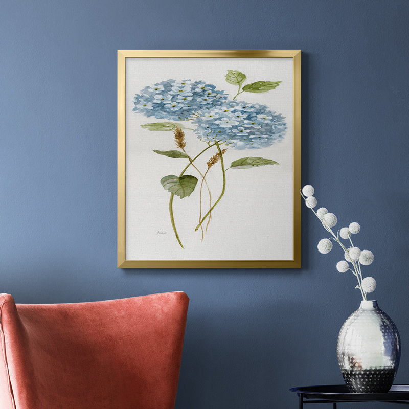 Petite toile d'hortensia bleue de qualité supérieure - prête à être accrochée, Or, H 24 po x l 20 po