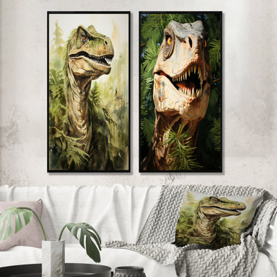 Velociraptor vert dans la jungle II - ensemble de 2 reproductions d'art de dinosaures
