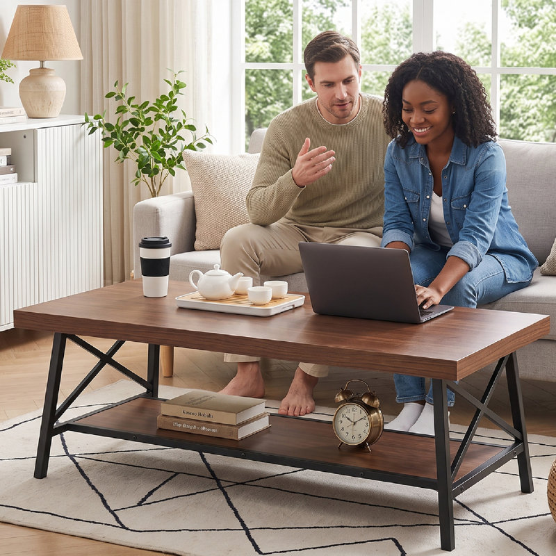 Table basse rectangulaire Saedo de style industriel de 120 cm avec tablette de rangement ouverte pour salon, Marron foncé