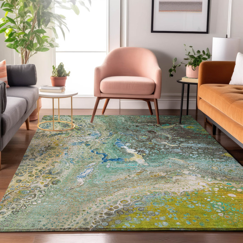 Premium Machine Washable Cerrito AMF588 Teal Rug, Rectangle 10' x 14'