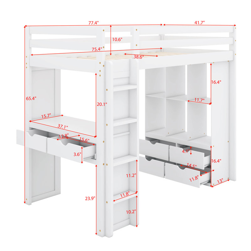 Janais Twin 6 Drawer Loft Bed with Bookcase and Built-in-Desk by Munora, White