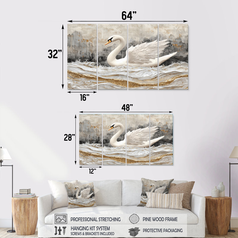 Marbre dansant du cygne II - cygne animal, art mural - ensemble de 4 décorations murales modernes, H 28 po x l 48 po